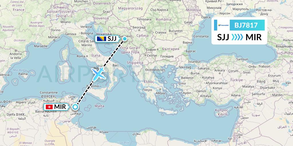 BJ7817 Nouvelair Tunisie Flight Map: Sarajevo to Monastir