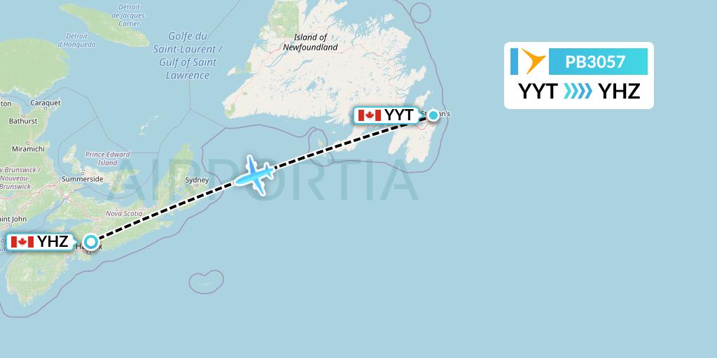 PB3057 PAL Airlines Flight Map: St. John's to Halifax