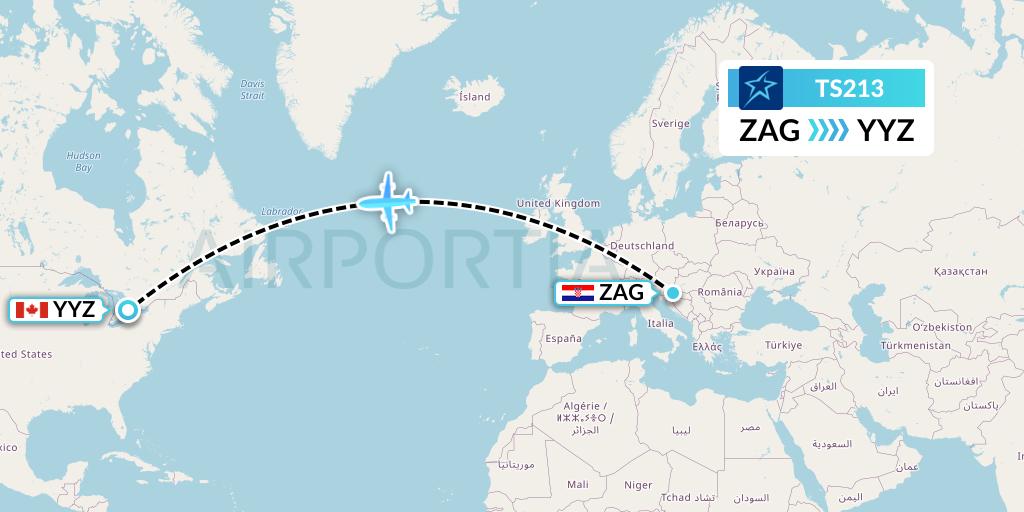 TS213 Air Transat Flight Map: Zagreb to Toronto