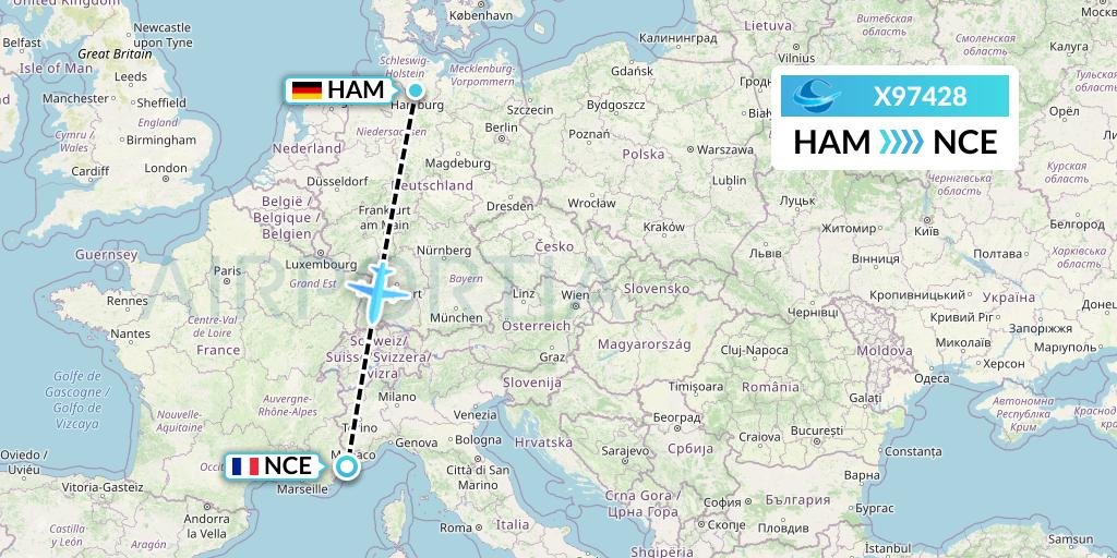 X97428 Avion Express Flight Map: Hamburg to Nice