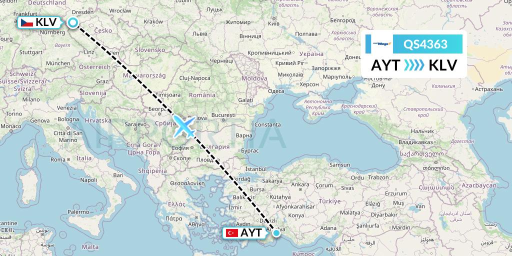 QS4363 Smartwings Flight Map: Antalya to Karlovy Vary