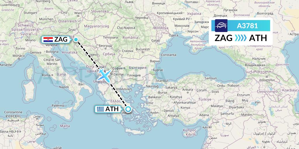 A3781 Aegean Airlines Flight Map: Zagreb to Athens