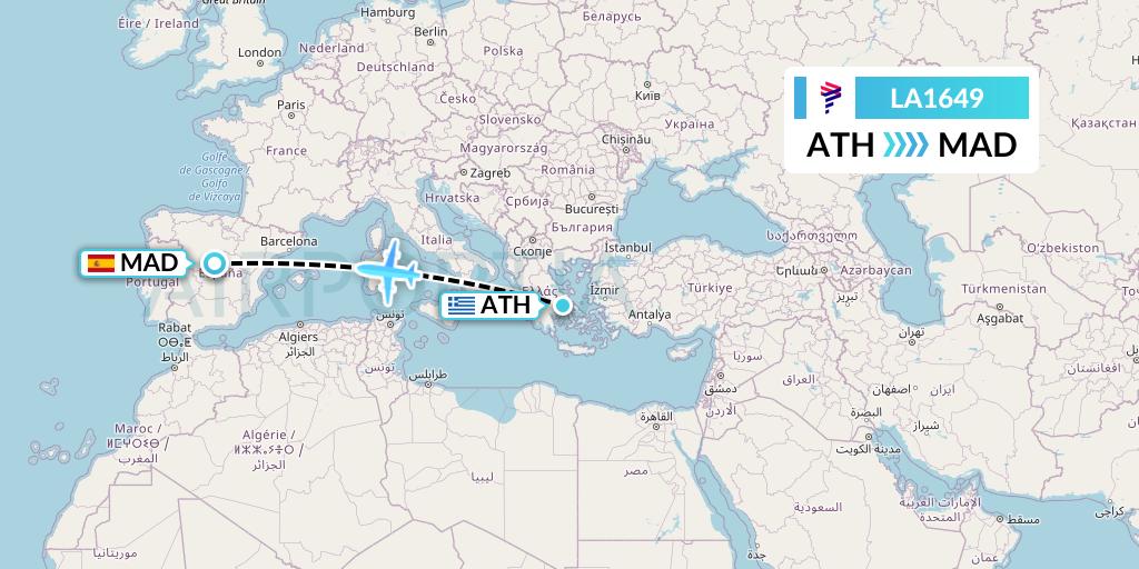 LA1649 LAN Airlines Flight Map: Athens to Madrid