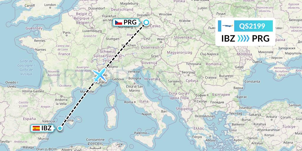 QS2199 Smartwings Flight Map: Ibiza to Prague
