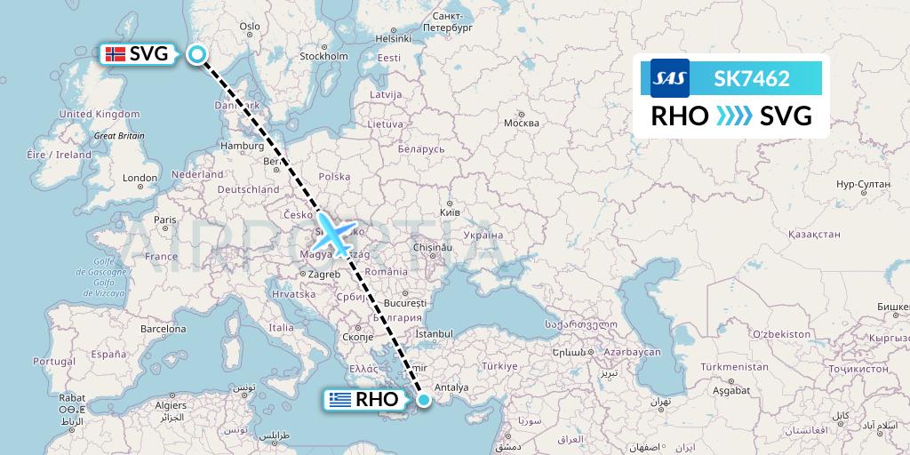 SK7462 SAS Flight Map: Rhodes to Stavanger