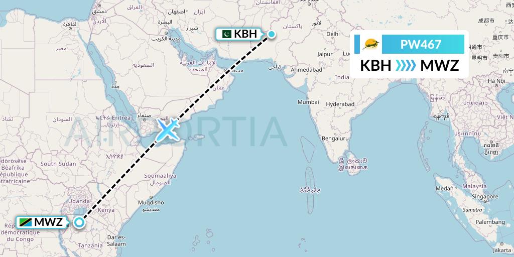 PW467 Precision Air Flight Map: Kalat to Mwanza