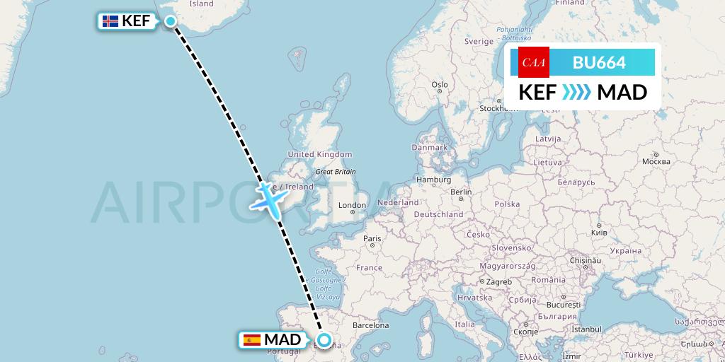 BU664 flyCAA Flight Map: Reykjavik to Madrid