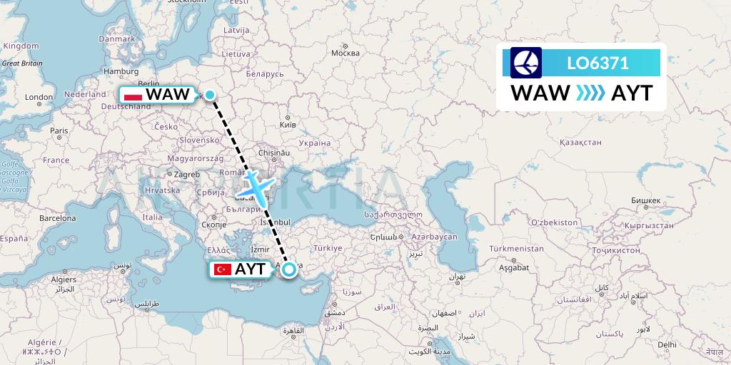 LO6371 LOT Flight Map: Warsaw to Antalya