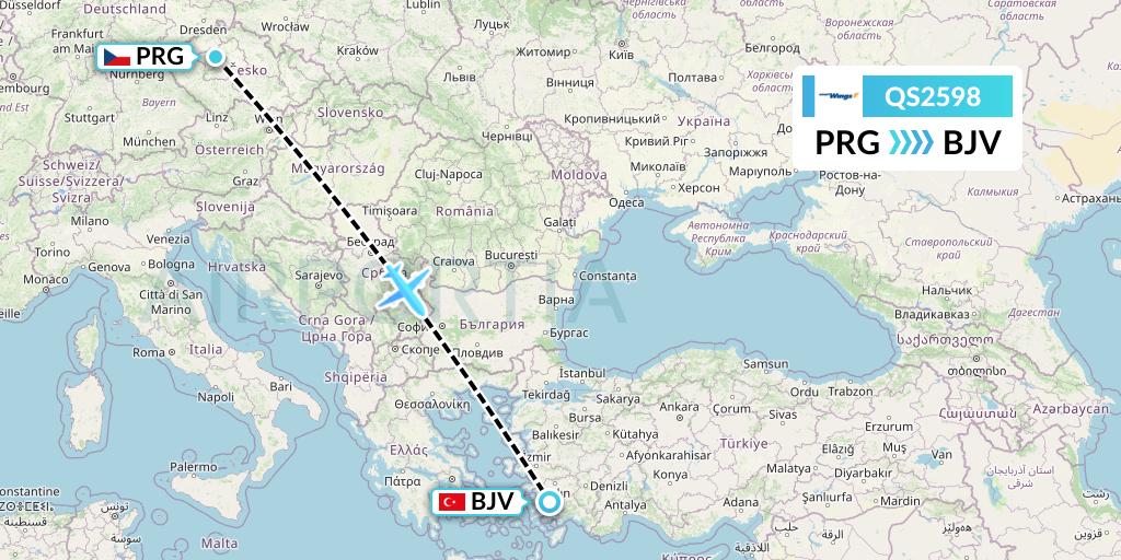 QS2598 Smartwings Flight Map: Prague to Bodrum
