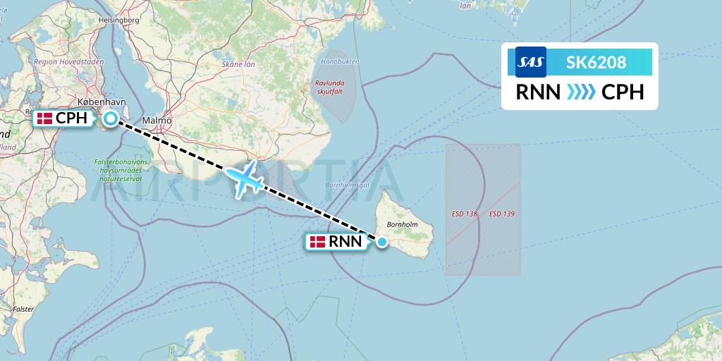 SK6208 SAS Flight Map: Ronne to Copenhagen