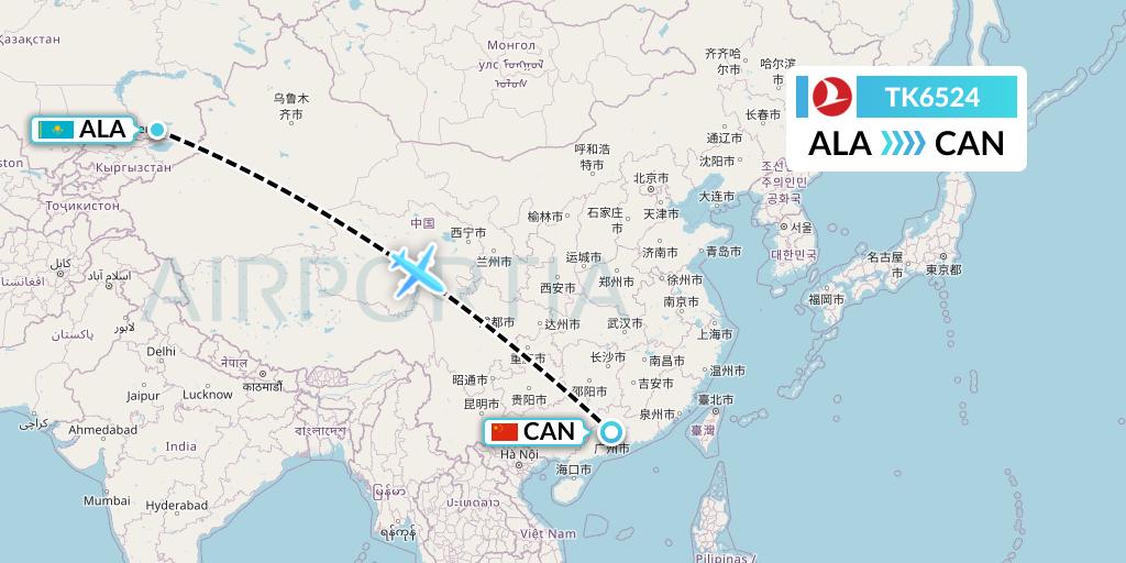 TK6524 Turkish Airlines Flight Map: Almaty to Guangzhou
