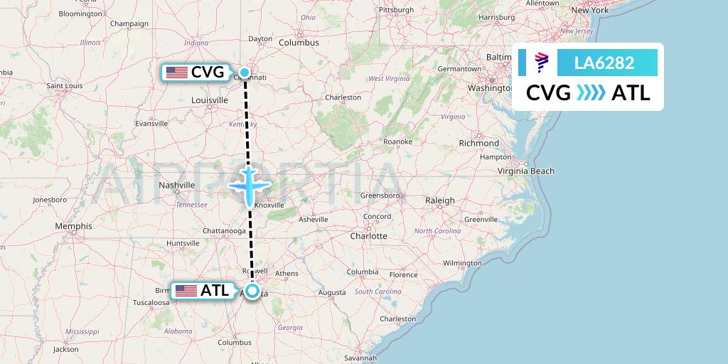 LA6282 LAN Airlines Flight Map: Cincinnati to Atlanta