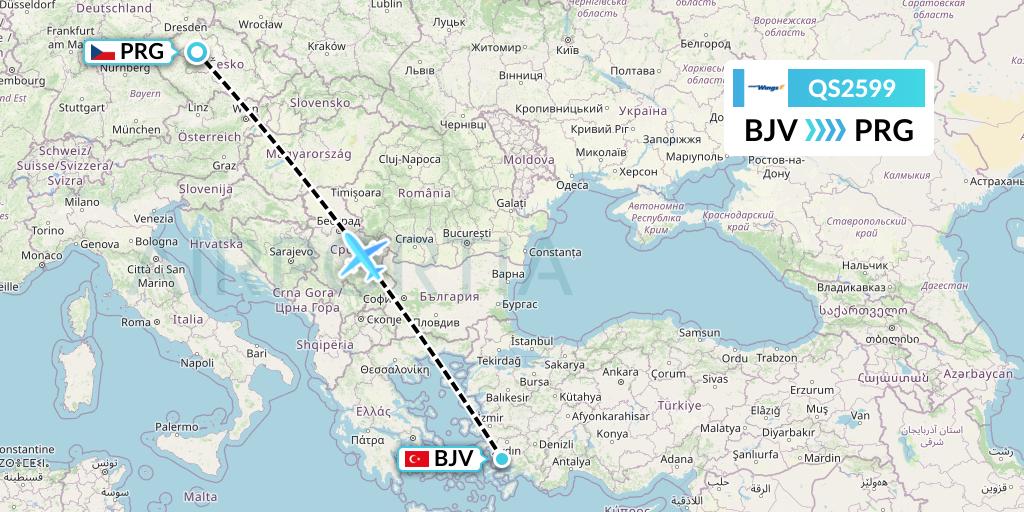 QS2599 Smartwings Flight Map: Bodrum to Prague