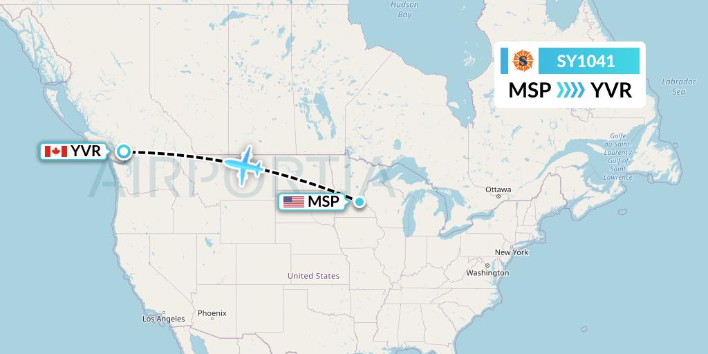 SY1041 Sun Country Airlines Flight Map: Minneapolis to Vancouver