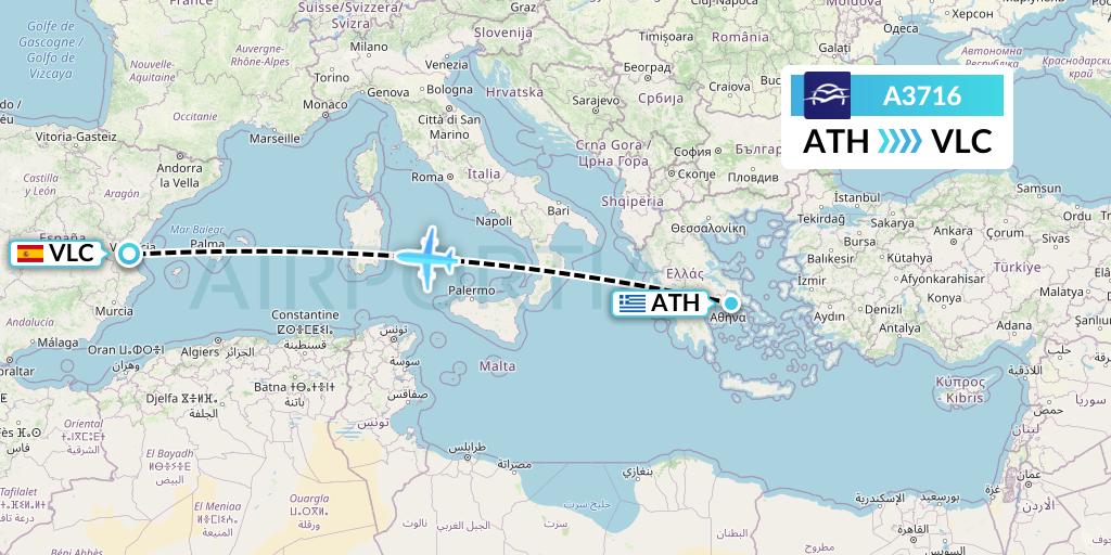 A3716 Aegean Airlines Flight Map: Athens to Valencia