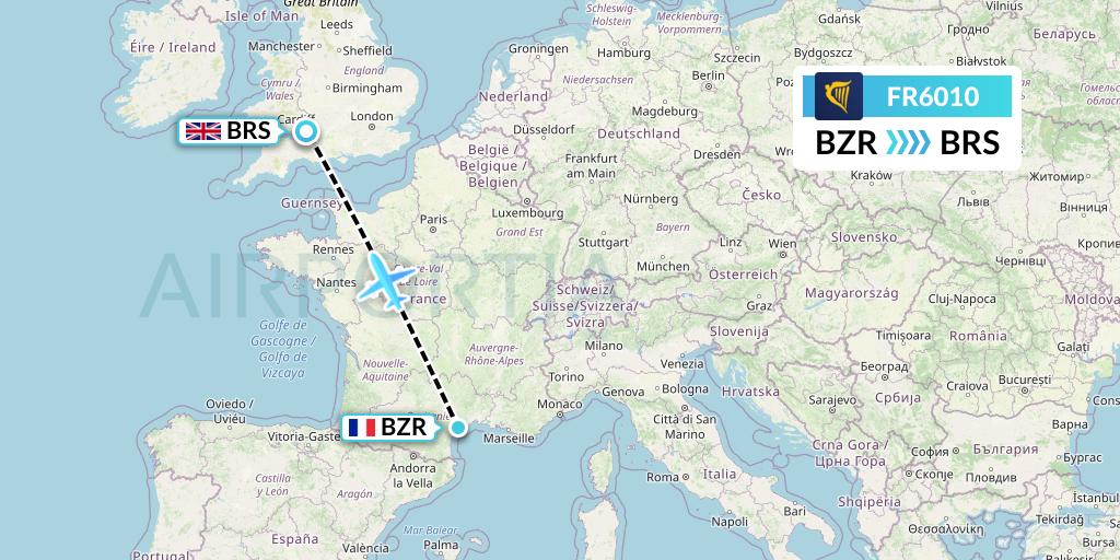 FR6010 Ryanair Flight Map: Beziers to Bristol