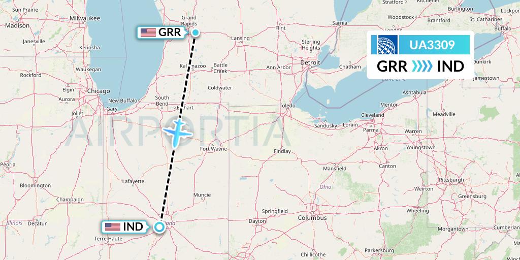 UA3309 United Airlines Flight Map: Grand Rapids to Indianapolis