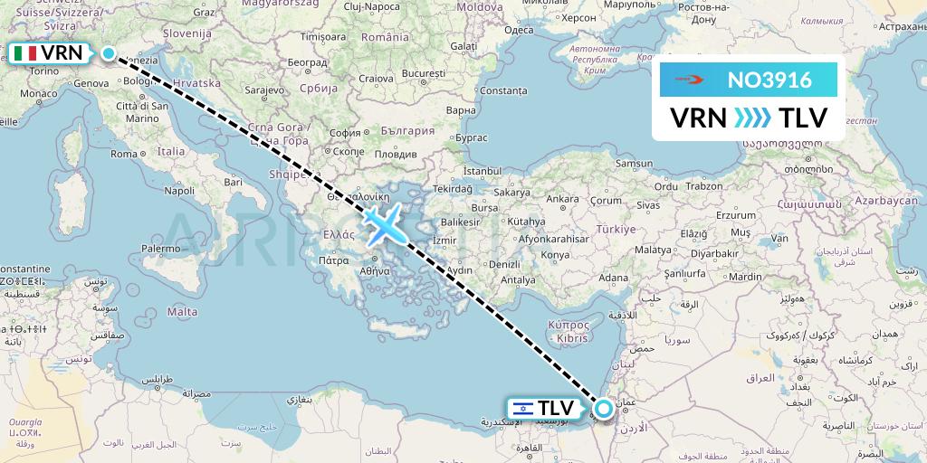 NO3916 Neos Flight Map: Verona to Tel Aviv