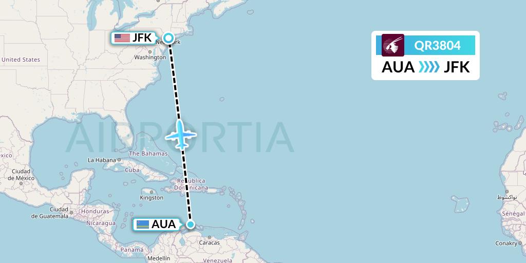 QR3804 Qatar Airways Flight Map: Oranjestad to New York