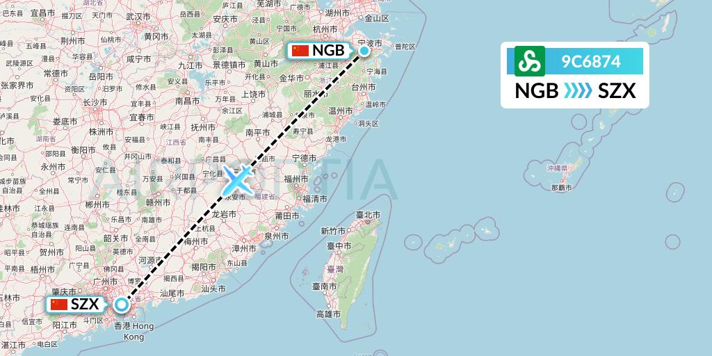 9C6874 Spring Airlines Flight Map: Ningbo to Shenzhen