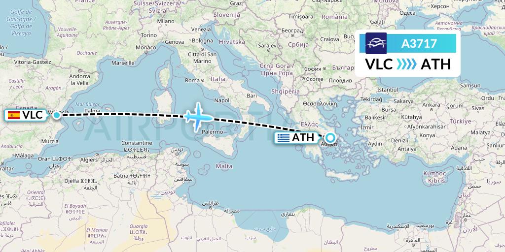 A3717 Aegean Airlines Flight Map: Valencia to Athens