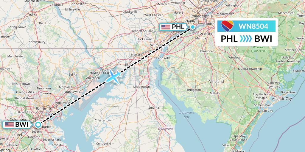 WN8504 Southwest Airlines Flight Map: Philadelphia to Baltimore