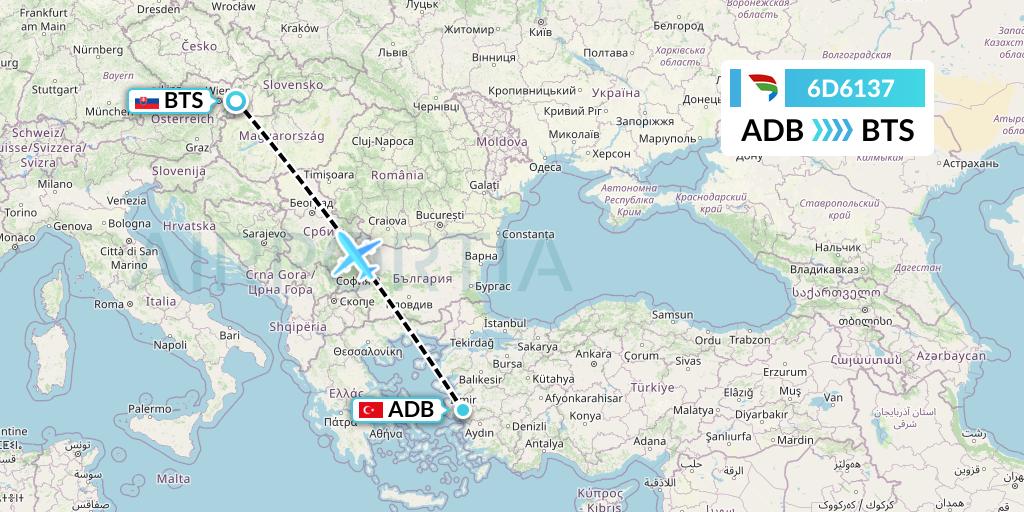 6D6137 Travel Service Slovakia Flight Map: Izmir to Bratislava
