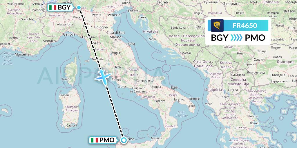 FR4650 Ryanair Flight Map: Milan to Palermo