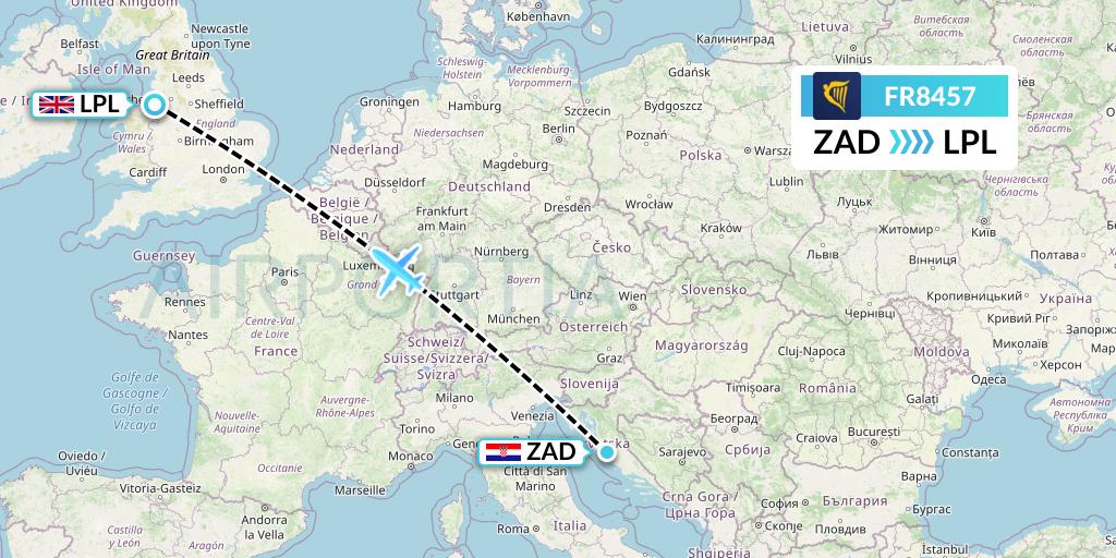 FR8457 Ryanair Flight Map: Zadar to Liverpool