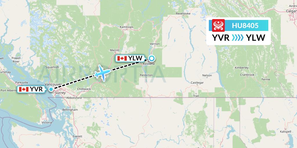 HU8405 Hainan Airlines Flight Map: Vancouver to Kelowna