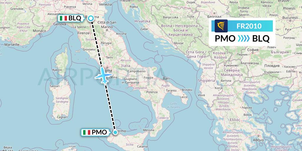 FR2010 Ryanair Flight Map: Palermo to Bologna