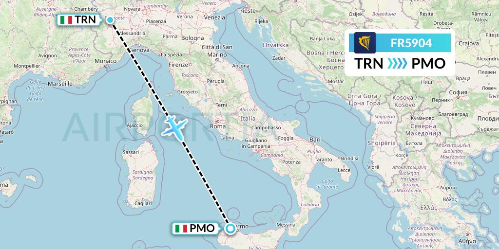 FR5904 Ryanair Flight Map: Turin to Palermo
