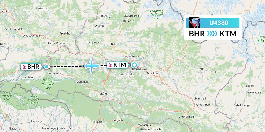 U4380 Buddha Air Flight Map: Bharatpur to Kathmandu