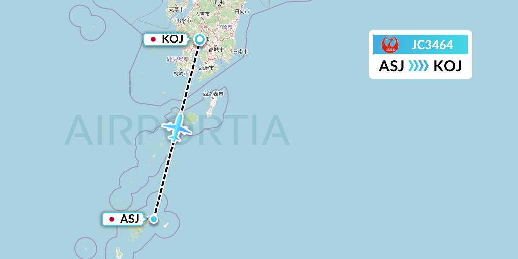 JC3464 Japan Air Commuter Flight Map: Amami to Kagoshima
