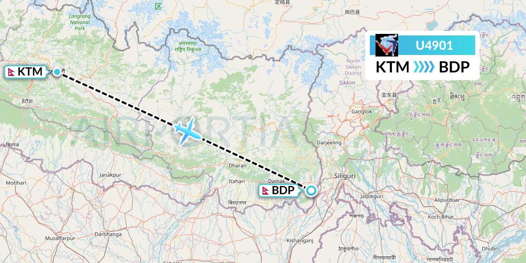 U4901 Buddha Air Flight Map: Kathmandu to Bhadrapur