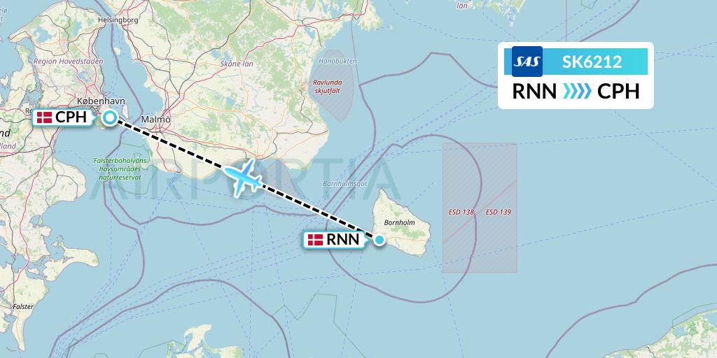 SK6212 SAS Flight Map: Ronne to Copenhagen