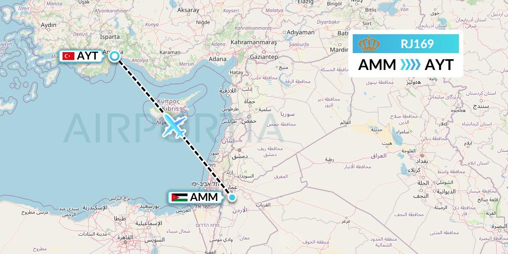 RJ169 Royal Jordanian Flight Map: Amman to Antalya