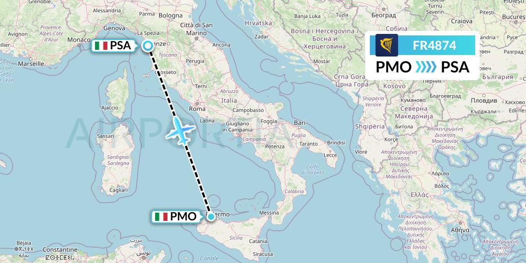 FR4874 Ryanair Flight Map: Palermo to Pisa