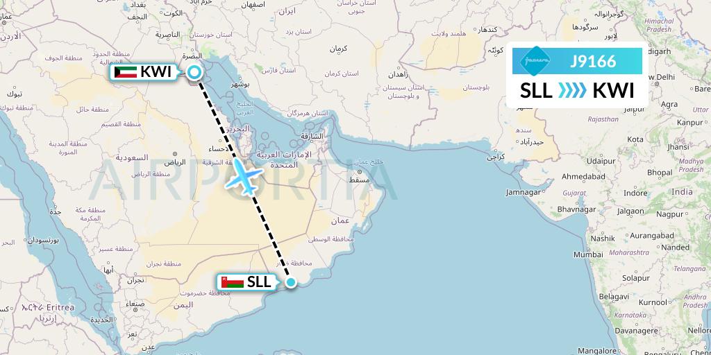 J9166 Jazeera Airways Flight Map: Salalah to Kuwait City