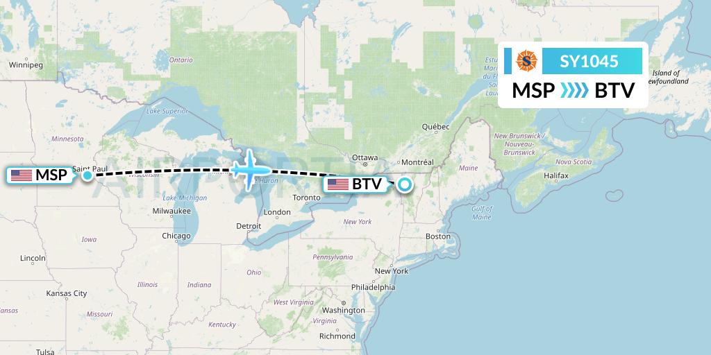 SY1045 Sun Country Airlines Flight Map: Minneapolis to Burlington