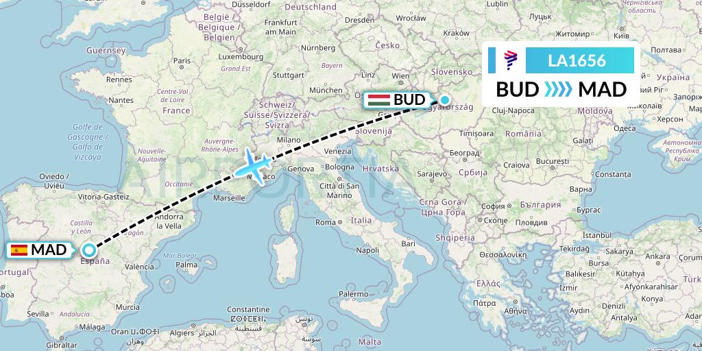 LA1656 LAN Airlines Flight Map: Budapest to Madrid