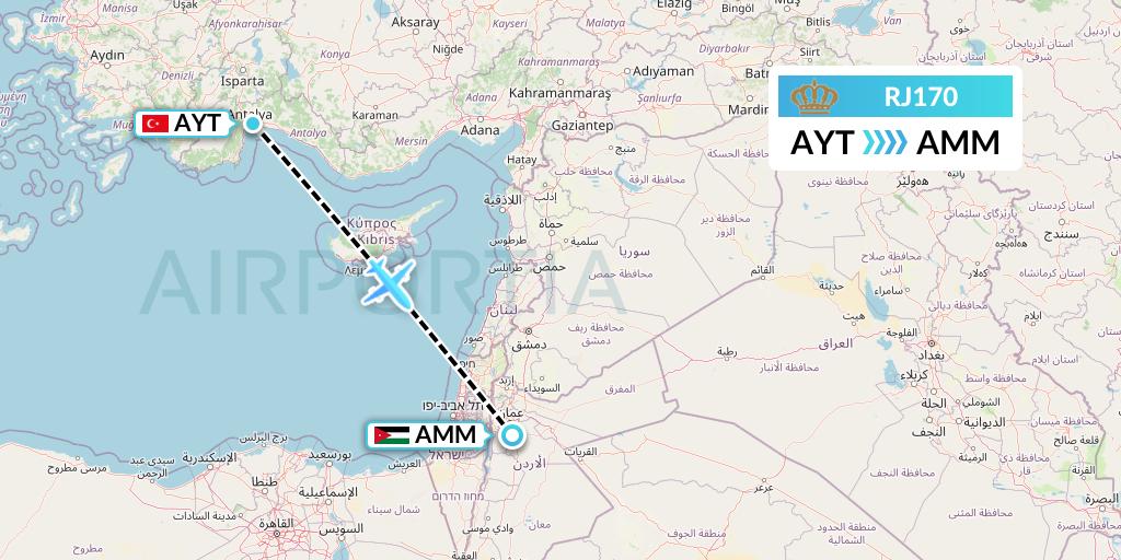 RJ170 Royal Jordanian Flight Map: Antalya to Amman