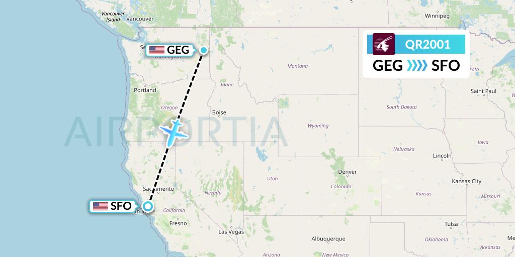 QR2001 Qatar Airways Flight Map: Spokane to San Francisco