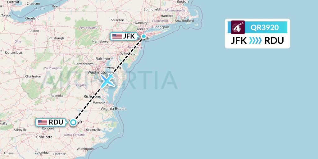 QR3920 Qatar Airways Flight Map: New York to Raleigh-Durham