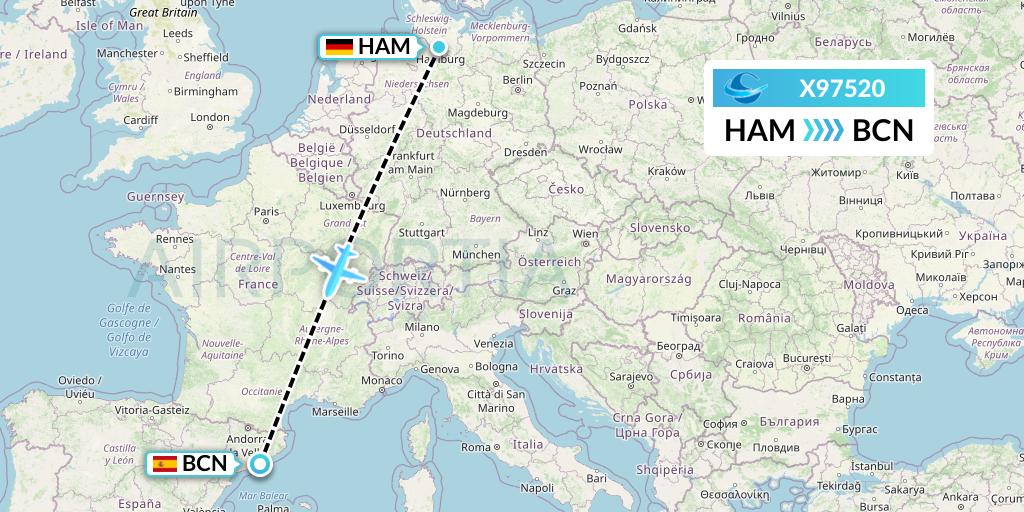 X97520 Avion Express Flight Map: Hamburg to Barcelona