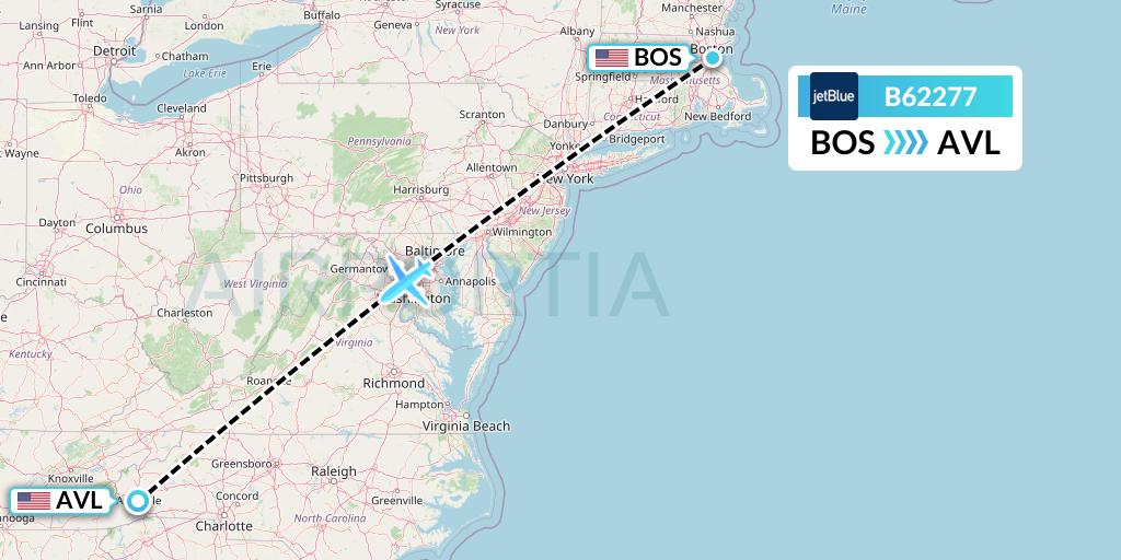 B62277 JetBlue Airways Flight Map: Boston to Asheville