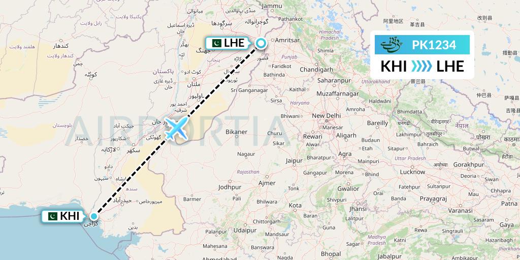 PK1234 Pakistan International Airlines Flight Map: Karachi to Lahore