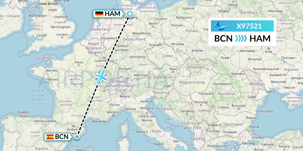 X97521 Avion Express Flight Map: Barcelona to Hamburg