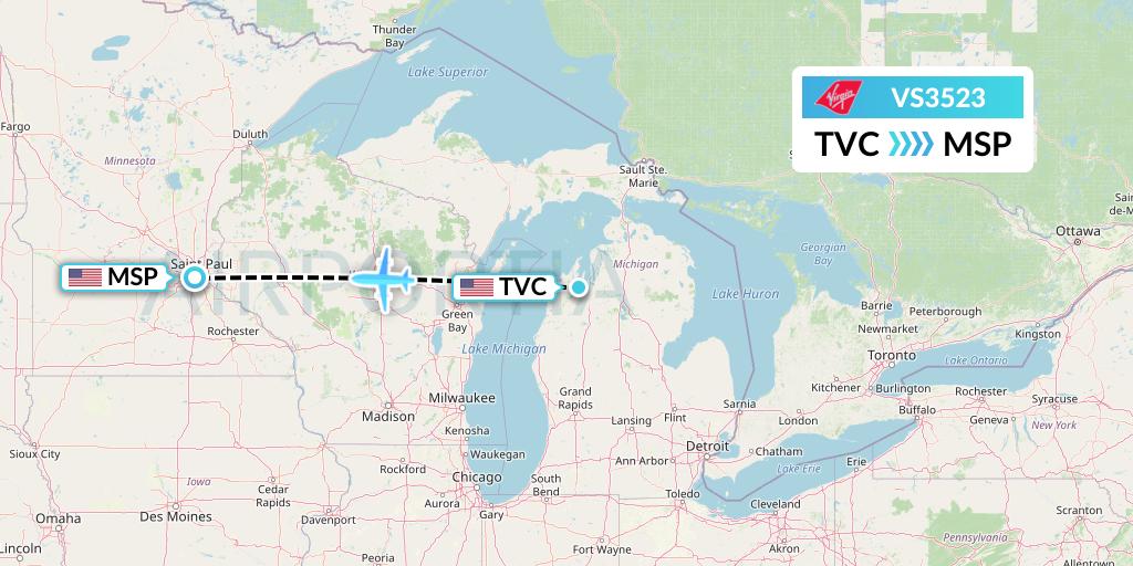VS3523 Virgin Atlantic Airways Flight Map: Traverse City to Minneapolis