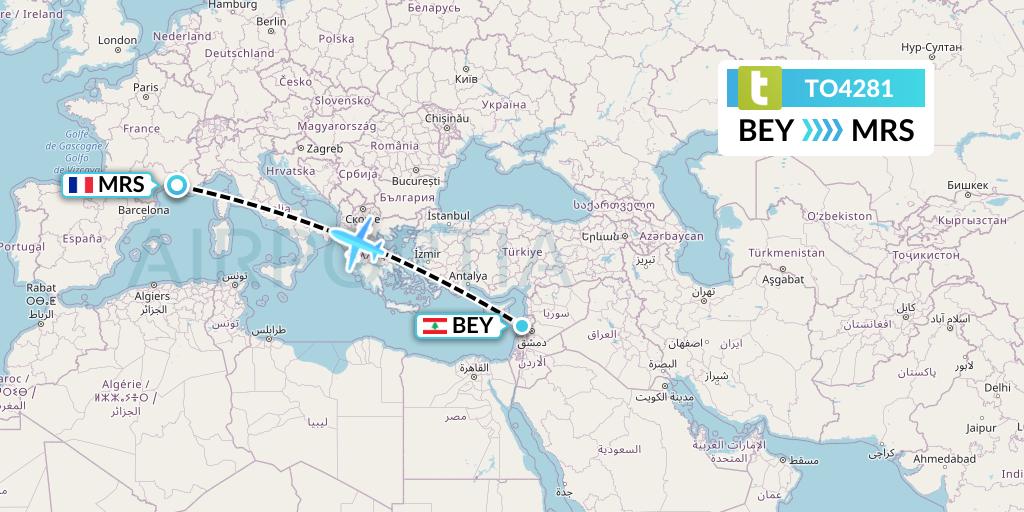 TO4281 Transavia France Flight Map: Beirut to Marseille